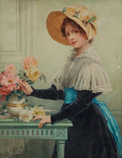 Elisabeth SONREL (1874-1953) Femme au chapeau
Aquarelle signée en bas à gauche
65...