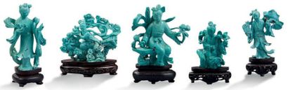 CHINE XXe siècle Cinq sujets en turquoise et turquoise reconstituée, représentant...