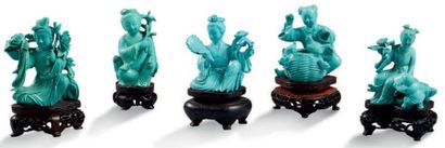 CHINE XXe siècle Cinq petits sujets en turquoise et turquoise reconstituée, représentant...