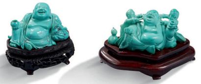 CHINE XXe siècle Deux petits sujets en turquoise et turquoise reconstituée, représentant...