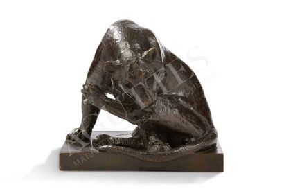 Georges Lucien GUYOT (1885-1973) Lionne se léchant la patte arrière
Bronze à patine...