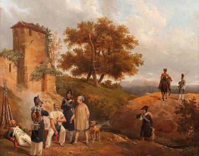 Attribué à Hippolyte BELLANGÉ (1800 - 1866) Le retour de chasse des soldats
Toile
32,5...