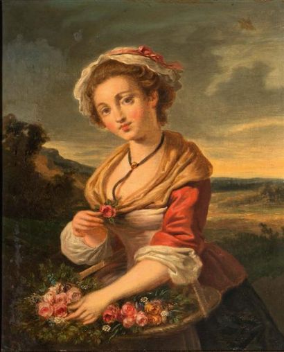 Ecole FRANÇAISE vers 1860 Portrait de jeune fille à la corbeille de fleurs sur sa...