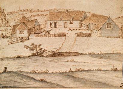 École Flamande du XVIIe siècle Paysage de ferme
Plume et lavis brun 12 x 16,5 cm