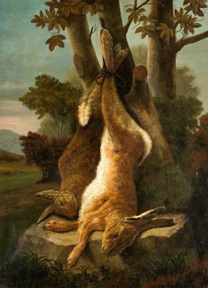 École BELGE du XIXe siècle Nature morte aux lièvres dans un paysage
Toile 83,5 x...