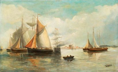 K. BRADULIX (ACTIF AU XXE SIÈCLE) Navire près d'un port
Toile 61 x 97 cm
Signé en...