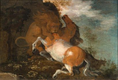 ECOLE FLAMANDE DU XVIIE SIÈCLE, ENTOURAGE DE ROELANDT SAVERY Lion attaquant un cheval
Panneau...