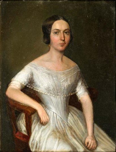 École AUTRICHIENNE du XIXe siècle Portrait de femme assise à la robe blanche
Métal
33...