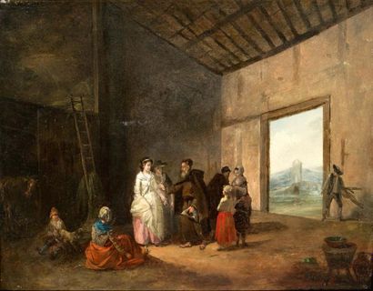ATTRIBUÉ À MARC-ANTOINE BILCOQ (1755 - 1838) Les moines recueillis dans une grange
Panneau...