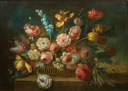Ecole Flamande du XVIIIe siècle Nature morte de fleurs sur un entablement
Toile
77,5...