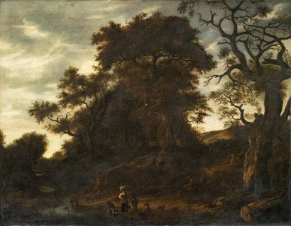 ECOLE HOLLANDAISE VERS 1650, ENTOURAGE JACOB SALOMONSZ. VAN RUYSDAEL Paysage aux...