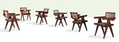 Pierre Jeanneret (1896-1967) 
Suite de 6 fauteuils dits Office chair
Moelle de rotin,...