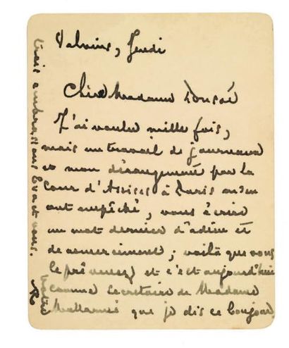 Stéphane MALLARME. 1842-1898 Ecrivain.
L.A.S. «M» (à Mme Ponsot). Valvins, jeudi,...