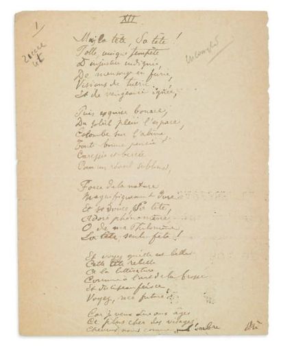 Paul VERLAINE. 1844-1896 Ecrivain poète.
Poème aut. «XII».
1 pp. in-12 au dos d'un...