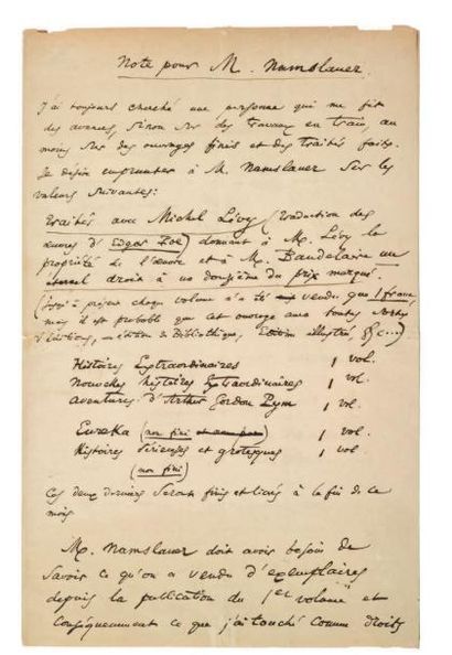 Charles BAUDELAIRE. 1821-1867 Ecrivain poète.
P.A.S.
«Note pour M. Namslauer». S.l.n.d....