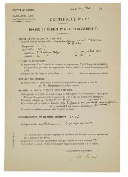 Marie CURIE. 1867-1934 Scientifique.
P.S. Paris, 20 juillet 1931.
1 pp. in-folio...