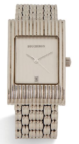 BOUCHERON Modèle homme en acier.
Série contemporaine.
Cadran gris muet, aiguilles...