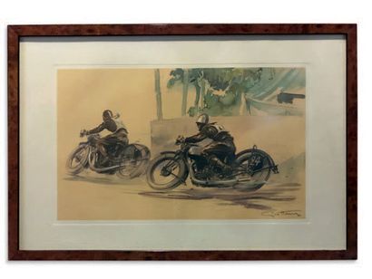 Géo HAM (Georges Hamel) 1900-1972 
Deux motards en course
Lithographie signée en...