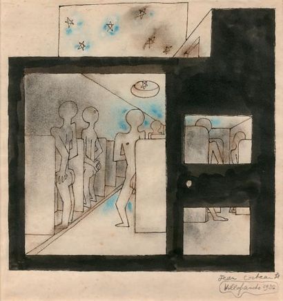 Jean COCTEAU (1889-1963) 
Entre hommes, Villlefranche, 1926
Encre de chine et pastel...