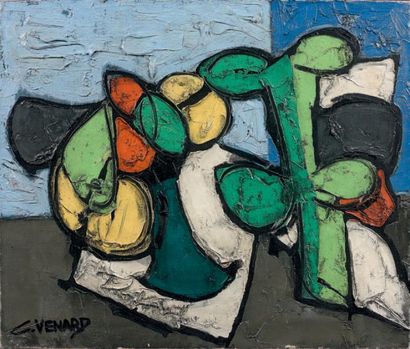 Claude VENARD (1913-1999) 
Vase, fruits et agrumes
Huile sur toile, signée en bas...
