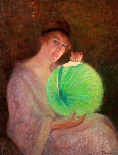 Georges BINET (1865-1949) Femme au lampion vert
Huile sur panneau, signée en bas...