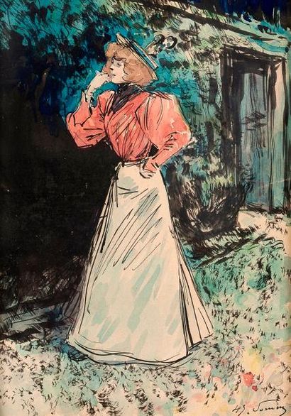 Henry Somm (1844-1907) Femme au jardin
Aquarelle et encre sur papier, signée en bas...