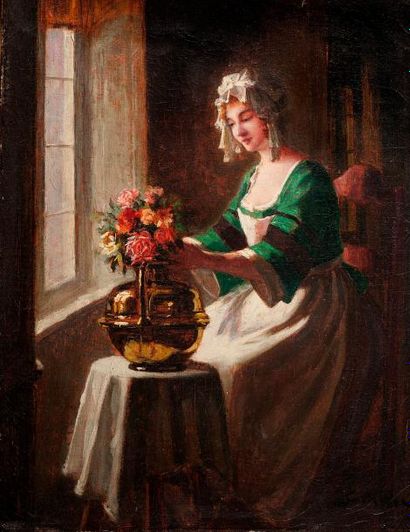 Albert SORKAU (1874-1951) Jeune femme rangeant les fleurs
Huile sur toile, signée...