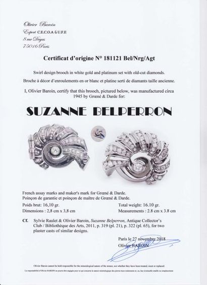 SUZANNE BELPERRON Clip à enroulement en or gris 18k (750) et platine (950) serti...