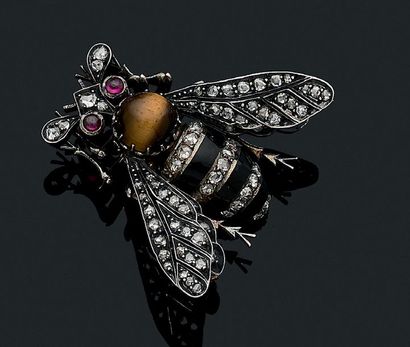 null INSECT" Pink cut
diamonds, black enamel, tiger eye cabochon and ruby. 18K (750)...