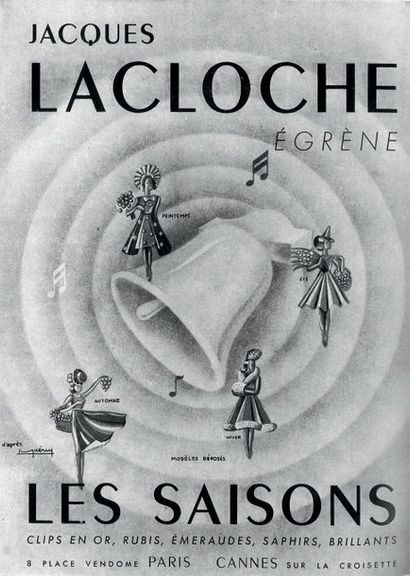 J. Lacloche 
BROCHE "L'HIVER" Or 18K (750) et diamants taille rose, rubis et saphir....