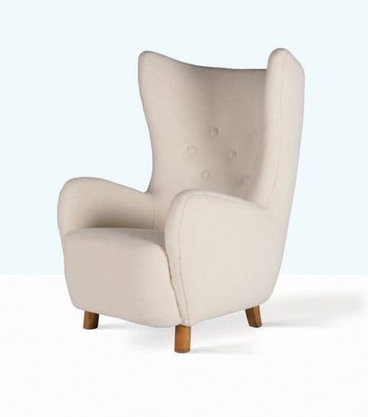 Mogens Lassen (1901-1987) Fauteuil
Laine, hêtre
106 x 80 x 67 cm.
Circa 1950
Lounge...