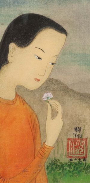 MAI trung THU (1906-1980) Jeune fille tenant une fleur. Tunique orange, 1957

Encre...