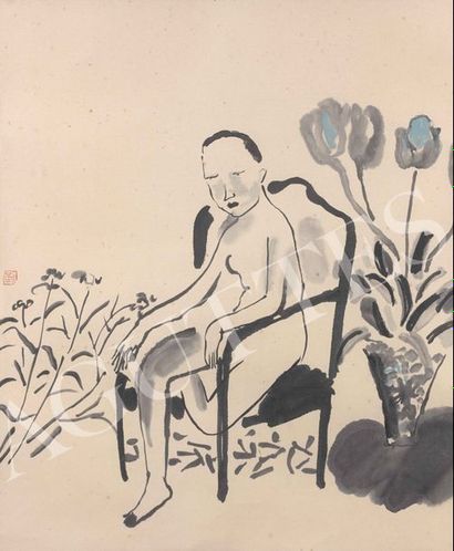 JIN WEIHONG (NÉE EN 1967) 靳卫红 Femme assise, circa 2002
Encre sur papier, cacheté...