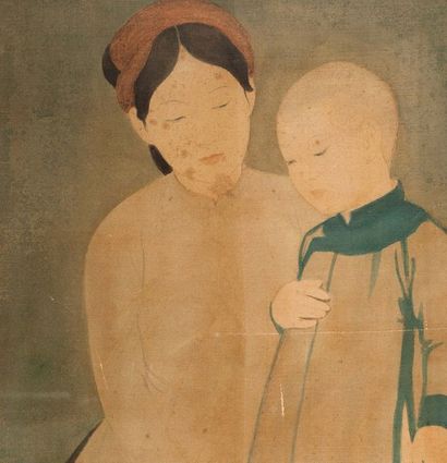 MAI TRUNG THU (1906-1980) 枚中恕 Mère habillant son enfant, circa 1930
Encre et couleurs...