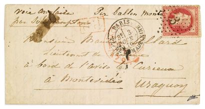  + URUGUAY - 3 OCTOBRE 1870 80c lauré (petit défaut de dentelure) obl. Étoile 3 PARIS...