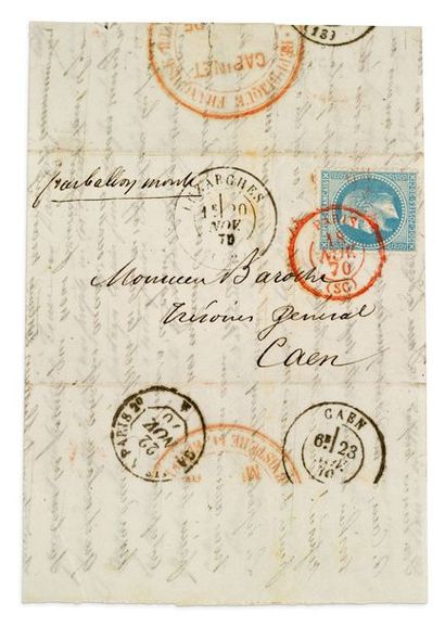null 18 NOVEMBRE 1870
20c Siège obl. càd rouge PARIS (SC) càd d'atterrissage Luzarches...
