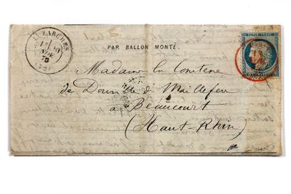 null + 18 NOVEMBRE 1870
20c siège obl. rouge PARIS (SC) sur Dépêche Ballon N°7 du...