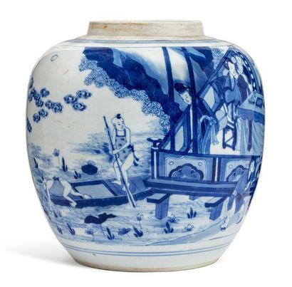 CHINE 
Pot à gingembre en porcelaine blanche, à décor en bleu sous couverte d'une...
