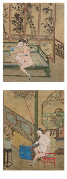 CHINE 
Ensemble de six peintures sur soie à l'encre et polychromie, représentant...
