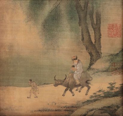 CHINE 
Petite peinture représentant un sage sur un buffle tiré par un serviteur.
Dim...