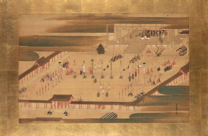 JAPON 
Grande peinture à l'encre et couleurs sur soie, représentant l'hommage des...