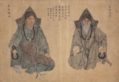 CORÉE 
Peinture à l'encre et couleurs sur papier représentant deux moines assis au...