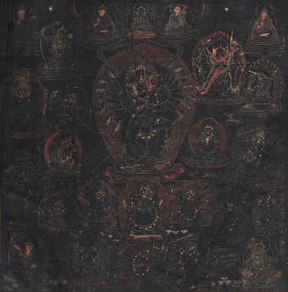 TIBET 
Petit thangka sur textile, peint à l'or et rehauts de couleurs sur fond noir,...