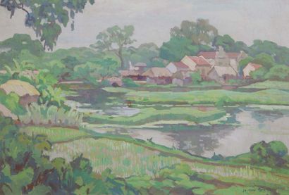 Jos-Henri PONCHIN (1897-1981) Le village dans la rizière
Technique mixte sur papier,...