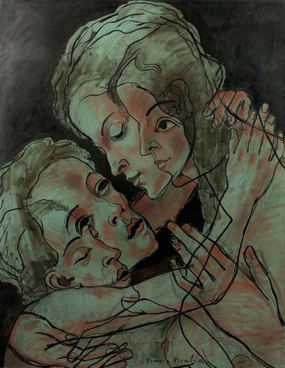 Francis PICABIA (1879-1953) 
Quadrilogie amoureuse, c.1932
爱的四部曲，c.1932
混合技法，绘于粘贴在纸板上的浅色画纸上
Vũ...