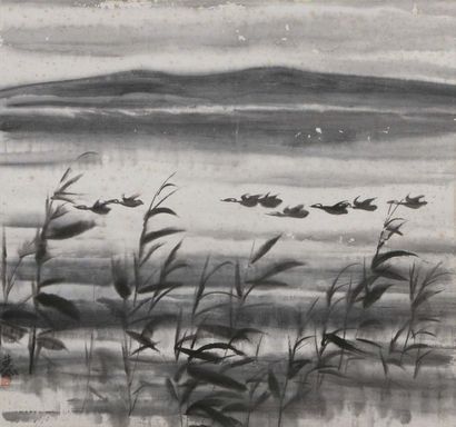 LIN FENGMIAN (1900-1991) 
Vol de cormorans
水墨画，左下角落款和印章
Đàn cuốc
Mực trên giấy, kí...