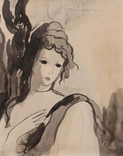 Marie LAURENCIN (1883-1956) Jeune fille pensive
Lavis d'encre, crayon et aquarelle...