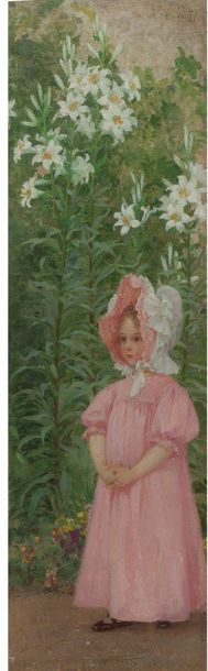 Elisabeth SONREL (1874-1953) Petite fille en rose, 1897
Huile sur panneau, signée...
