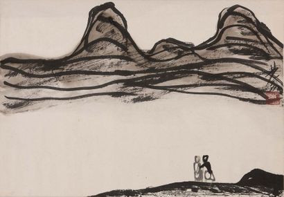 LIN FENGMIAN (1900-1991) Deux personnages dans un paysage 风景中的两个人物 水墨画，右侧画家落款和印章...