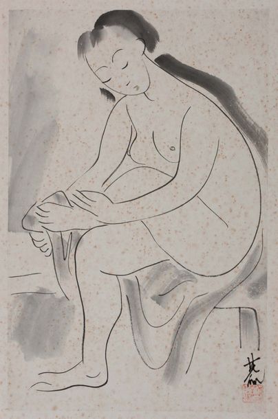 LIN FENGMIAN (1900-1991) 
Après le bain
出浴图
水墨画，右下角落款和印章
Đi tắm
Mực trên giấy, ký...